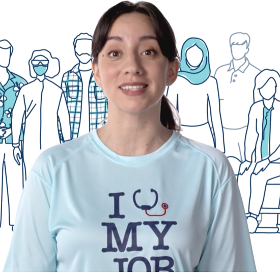 a woman smiling in front of a drawing of people