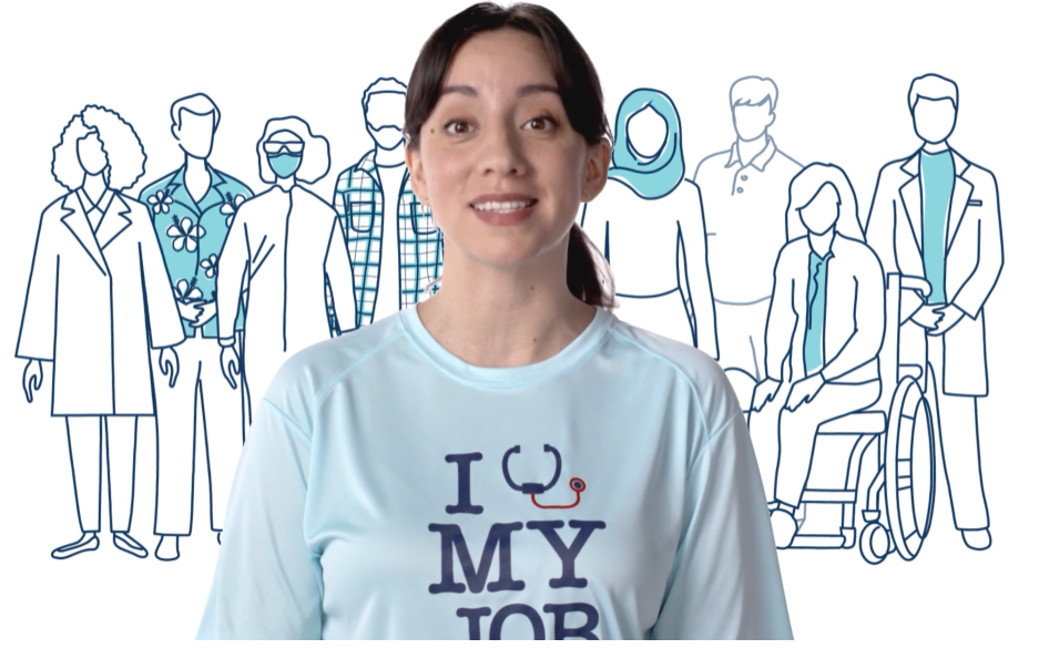 a woman smiling in front of a drawing of people
