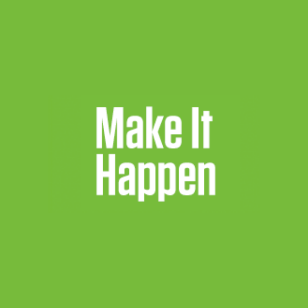 緑の背景に白い「Make it happen」のテキスト